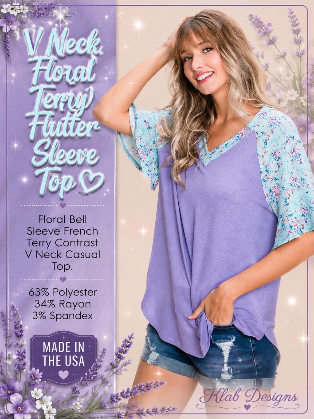 V Neck Floral Terry Flutter Sleeve Top NEW